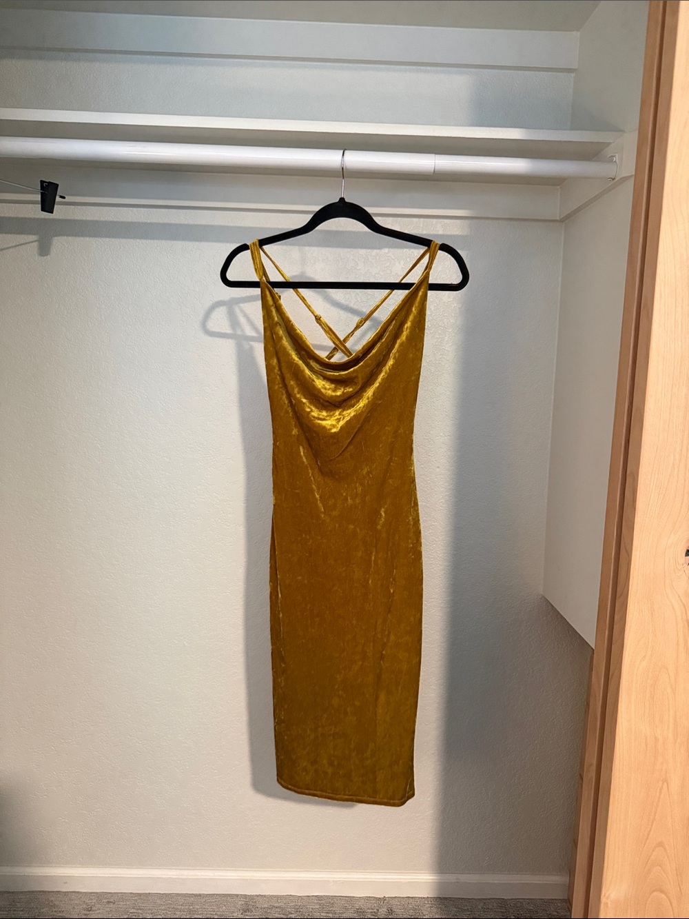 BCBGeneration Gold Velvet Midi Dress with Cowl Neck